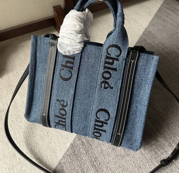 Chloe Woody Small Handsome Denim Fabric Tote Bag - Image 3